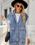 Gray Hooded Sleeveless Denim Top with Pockets