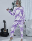 Gray Tie-dye Round Neck Top and Drawstring Pants Lounge Set Sentient Beauty Fashions Apparel & Accessories