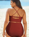 Chocolate Halter Neck Crisscross Ruched Two-Piece Swimsuit Sentient Beauty Fashions swimwear
