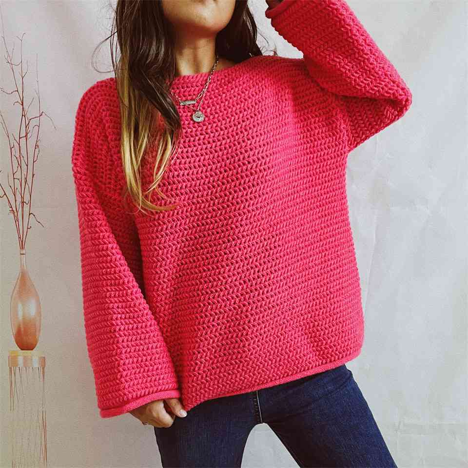 Maroon Openwork Boat Neck Long Sleeve Sweater