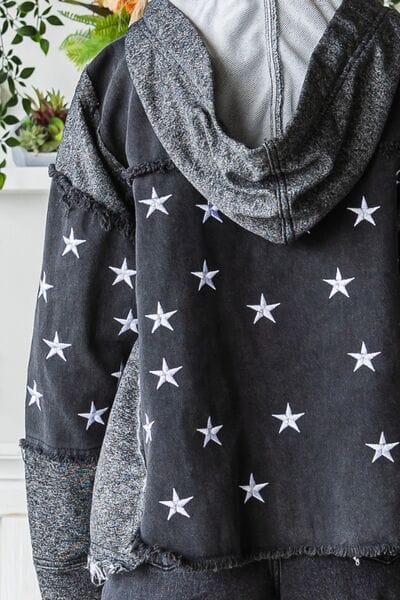 Dark Slate Gray Veveret Star Embroidered Hooded Denim Jacket