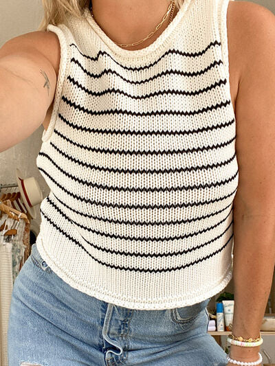 Light Gray Rolled Striped Round Neck Sweater Vest Sentient Beauty Fashions Apparel & Accessories
