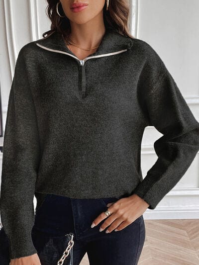 Gray Half Zip Dropped Shoulder Sweater