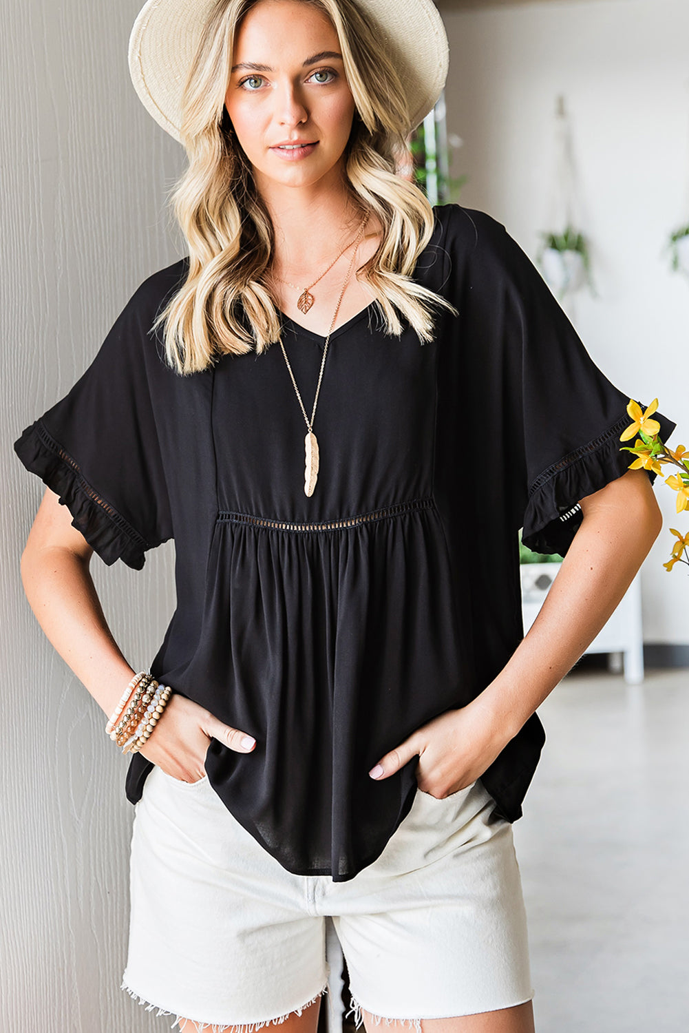 Black V-Neck Flounce Sleeve Babydoll Blouse Sentient Beauty Fashions Apparel & Accessories