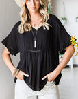 Black V-Neck Flounce Sleeve Babydoll Blouse