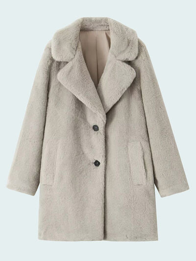 Light Gray Fuzzy Button Up Lapel Collar Coat Sentient Beauty Fashions Apparel & Accessories