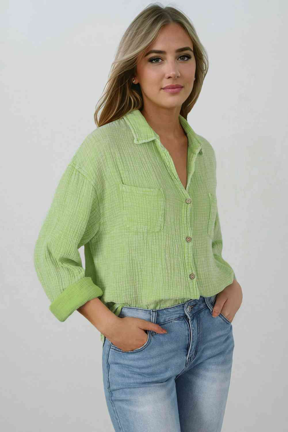 Gray Mineral Wash Crinkle Textured Chest Pockets Shirt Sentient Beauty Fashions Apparel &amp; Accessories