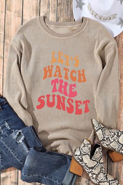 Rosy Brown LET'S WATCH THE SUNSET Ribbed Round Neck Sweatshirt Sentient Beauty Fashions Apparel & Accessories
