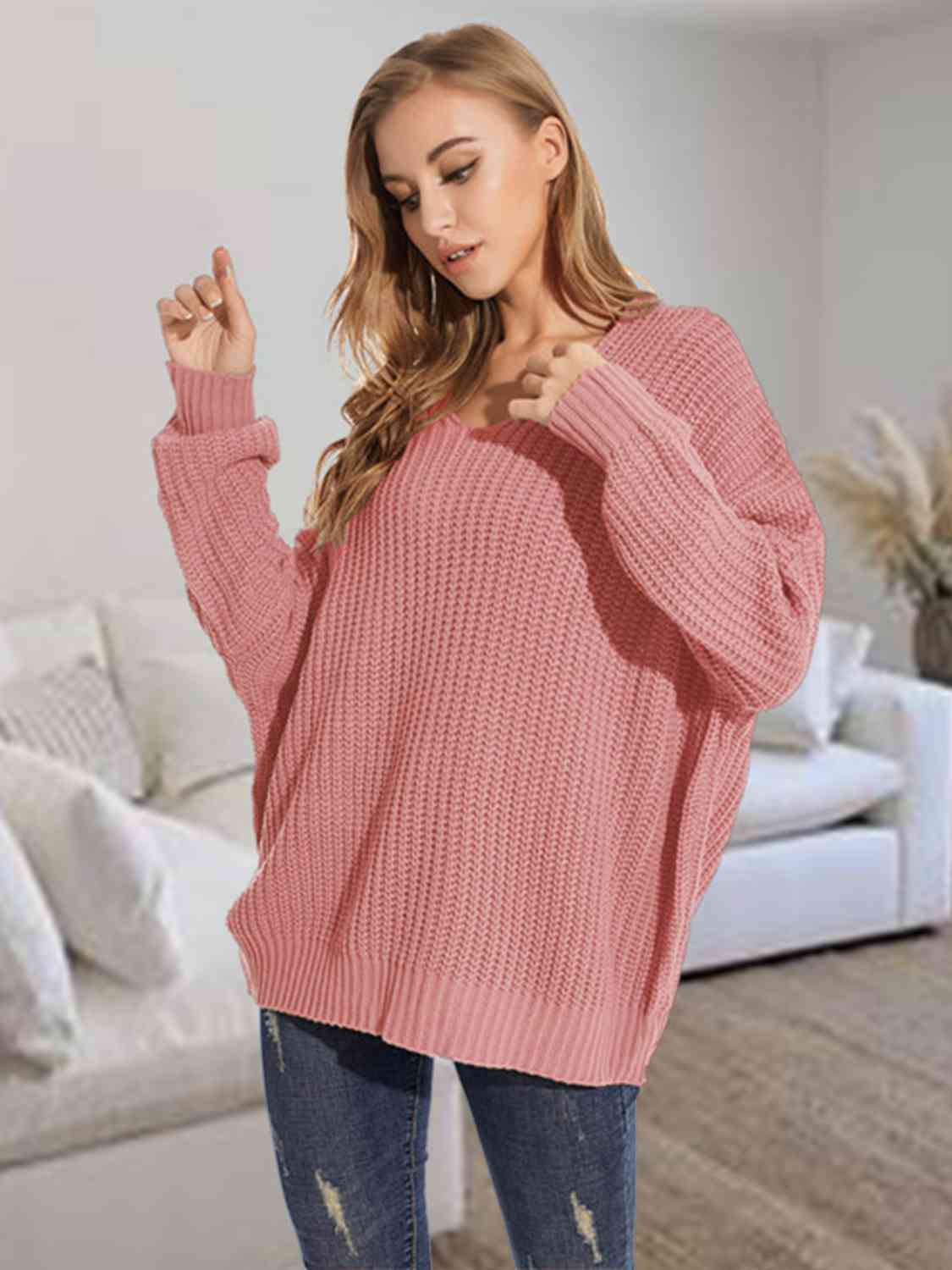 Rosy Brown V-Neck Batwing Dropped Shoulder Sweater Sentient Beauty Fashions Apparel & Accessories