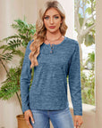 Dark Gray Buttoned Round Neck  Long Sleeve T-Shirt