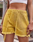 Sienna Drawstring Raw Hem Denim Shorts Sentient Beauty Fashions Apparel & Accessories