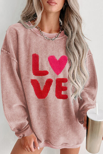 Rosy Brown LOVE Round Neck Dropped Shoulder Sweatshirt Sentient Beauty Fashions Apparel & Accessories
