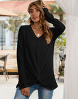 Black Twisted V-Neck Long Sleeve T-Shirt Sentient Beauty Fashions Apparel & Accessories