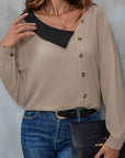 Rosy Brown Asymmetrical Neck Buttoned Long Sleeve Top Sentient Beauty Fashions Apparel & Accessories