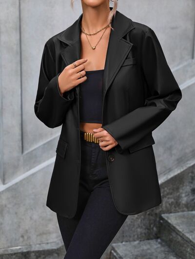 Black Pocketed Button Up Collared Neck Blazer Sentient Beauty Fashions Apparel &amp; Accessories