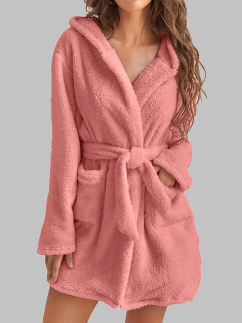 Rosy Brown Tie Waist Hooded Robe Sentient Beauty Fashions Apparel & Accessories
