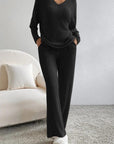 Gray Ribbed V-Neck Top and Pants Set