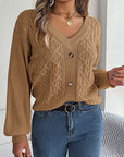Dim Gray Cable-Knit V-Neck Lantern Sleeve Sweater Sentient Beauty Fashions Apparel & Accessories