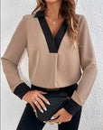 Rosy Brown Contrast Trim V-Neck Long Sleeve Blouse