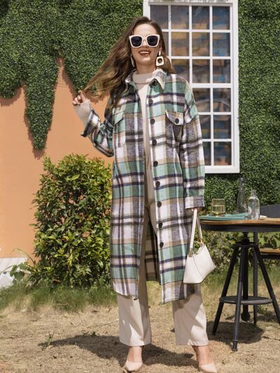 Dark Olive Green Plaid Button Up Dropped Shoulder Coat Sentient Beauty Fashions Apparel &amp; Accessories