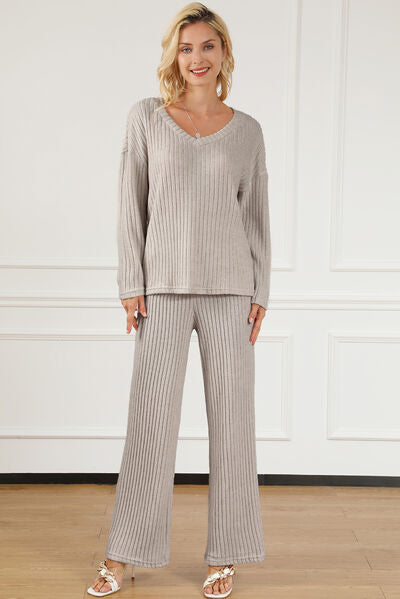 Light Gray Ribbed V-Neck Top and Pants Lounge Set Sentient Beauty Fashions Apparel &amp; Accessories