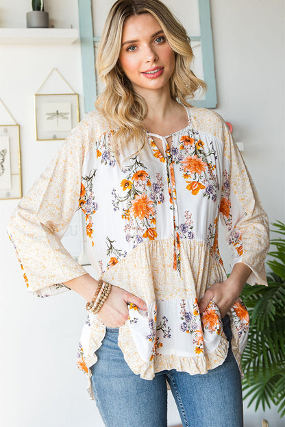 Light Gray Floral Tie Neck Tiered Blouse
