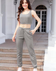 Dark Gray Waffle-Knit Cropped Tank and Drawstring Pants Set Sentient Beauty Fashions Apparel & Accessories