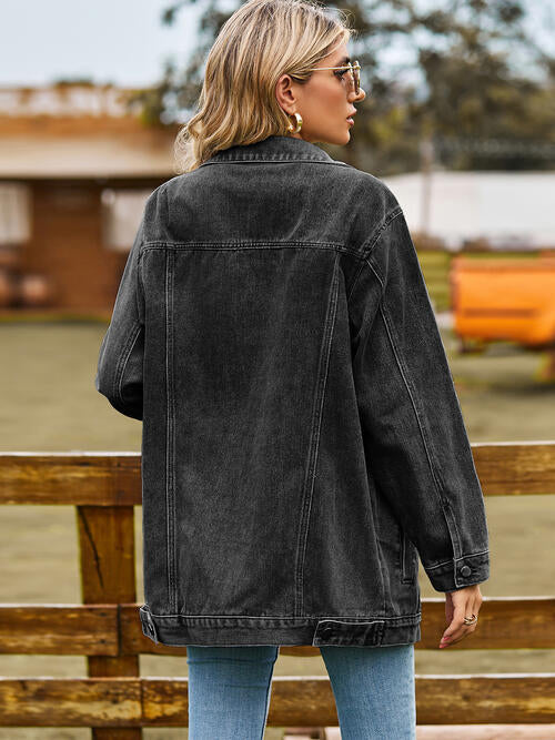 Dark Slate Gray Collared Neck Denim Jacket With Pockets Sentient Beauty Fashions Apparel &amp; Accessories