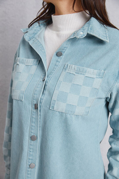 Dark Gray Raw Hem Checkered Dropped Shoulder Denim Jacket Sentient Beauty Fashions Apparel & Accessories