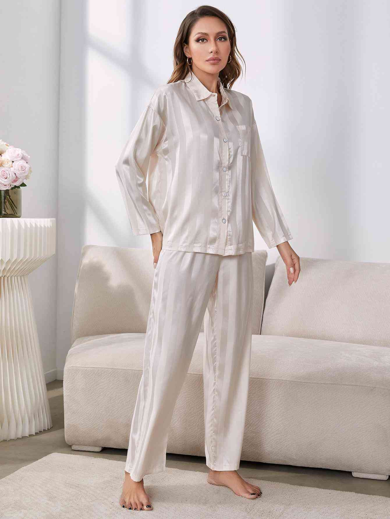 Gray Button-Up Shirt and Pants Pajama Set