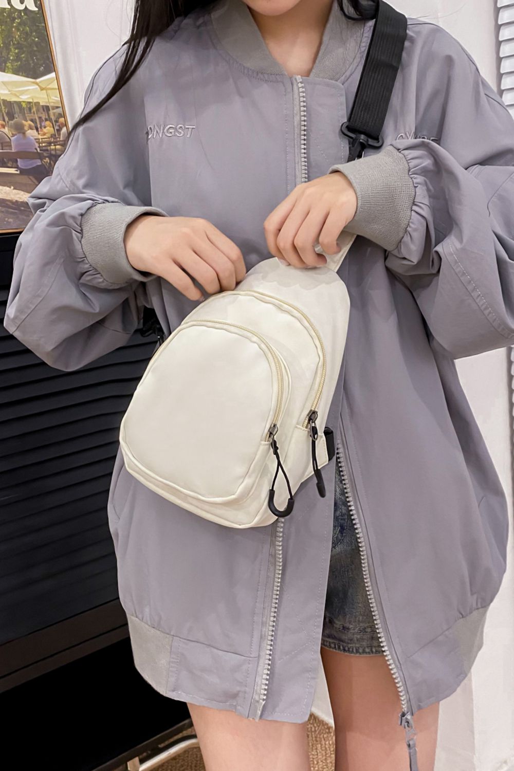 Light Slate Gray Contrast Strap Nylon Sling Bag Sentient Beauty Fashions bags