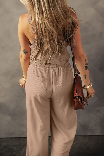 Dim Gray Waffle-Knit Drawstring Wide Strap Jumpsuit Sentient Beauty Fashions Apparel &amp; Accessories