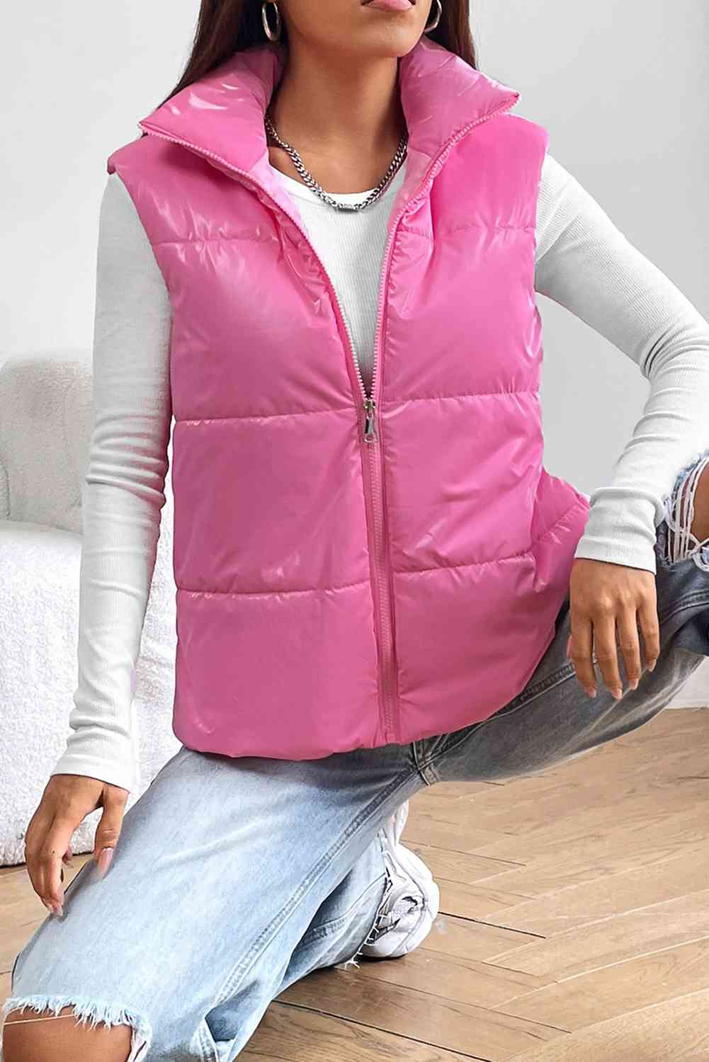 Light Gray Zip Up Collared Vest Sentient Beauty Fashions Apparel & Accessories