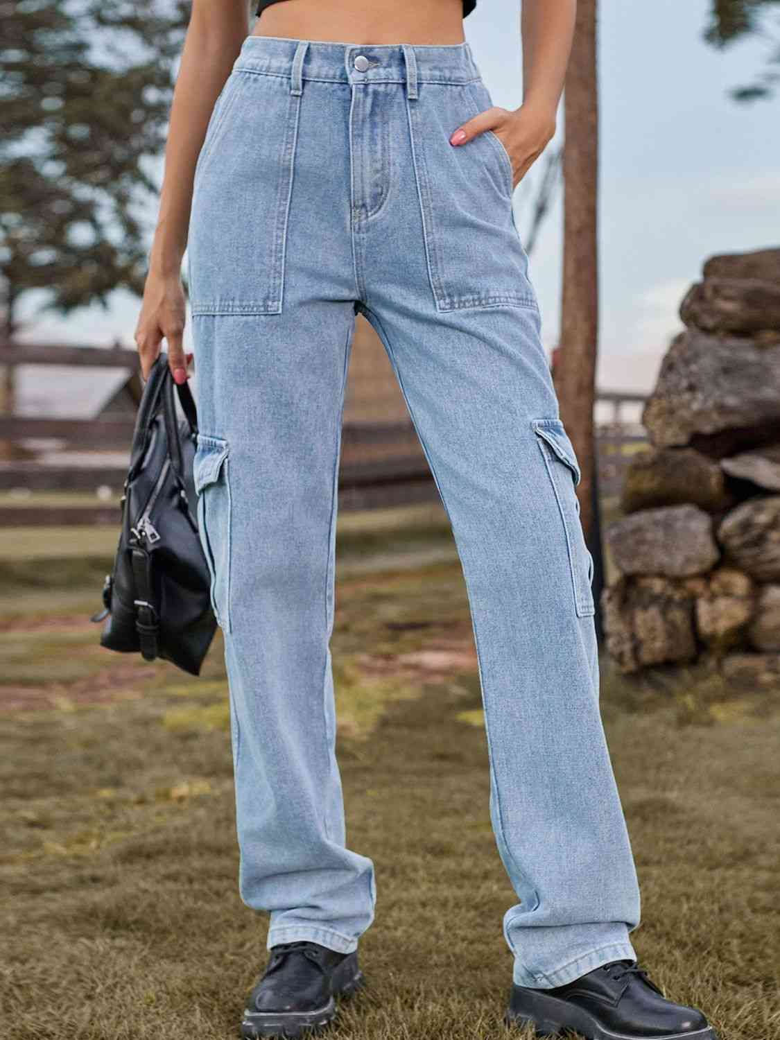 Dim Gray High Waist Cargo Jeans Sentient Beauty Fashions denim