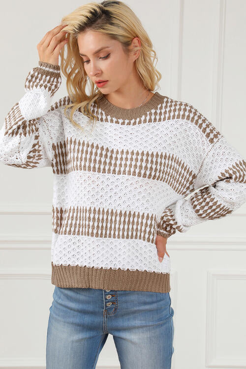 Light Gray Striped Round Neck Long Sleeve Knit Top Sentient Beauty Fashions Apparel & Accessories