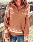 Rosy Brown Zip-Up Mock Neck Dropped Shoulder Pullover Sweater Sentient Beauty Fashions Apparel & Accessories