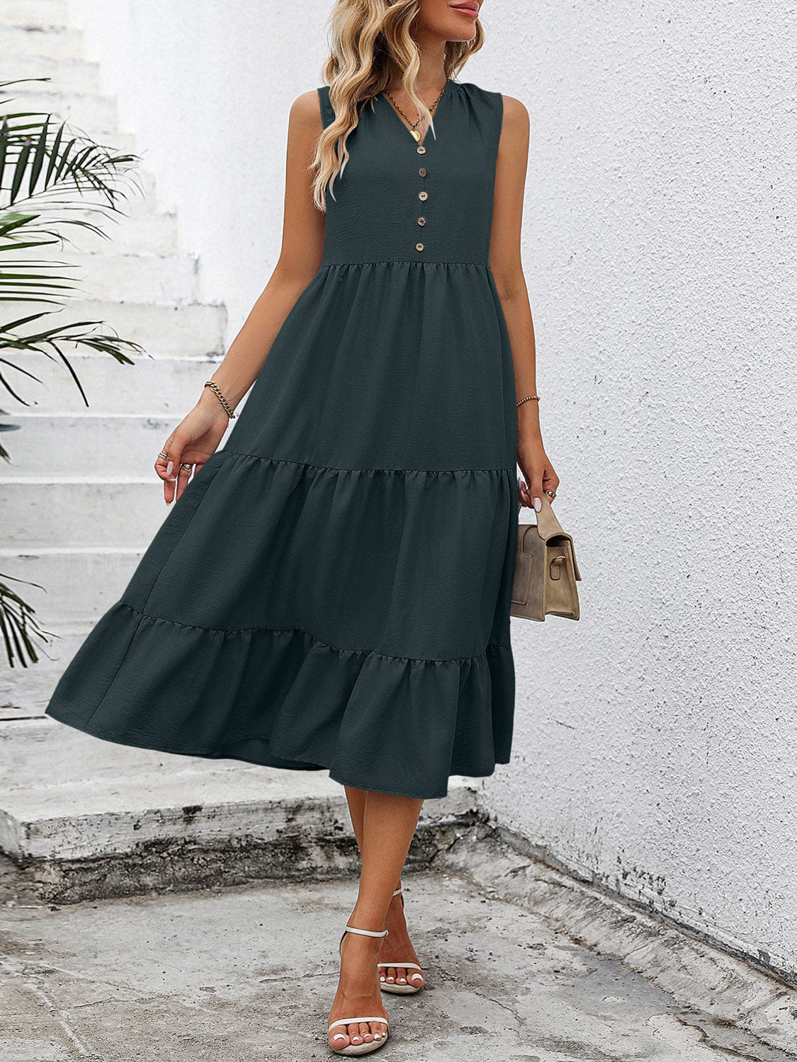 Light Gray V-Neck Sleeveless Tiered Dress