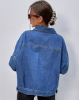 Dark Slate Blue Collared Neck Dropped Shoulder Denim Jacket Sentient Beauty Fashions Apparel & Accessories