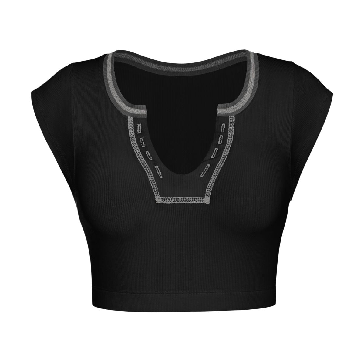Black Notched Neck Cap Sleeve Cropped Tee Sentient Beauty Fashions Apparel & Accessories