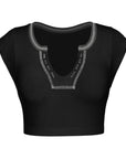 Black Notched Neck Cap Sleeve Cropped Tee Sentient Beauty Fashions Apparel & Accessories