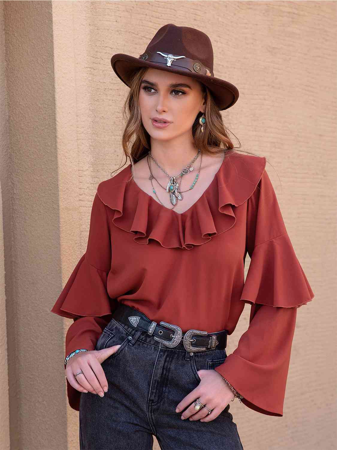 Rosy Brown Statement Collar Long Sleeve Blouse Sentient Beauty Fashions Apparel &amp; Accessories