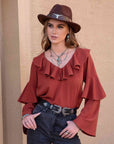 Rosy Brown Statement Collar Long Sleeve Blouse Sentient Beauty Fashions Apparel & Accessories