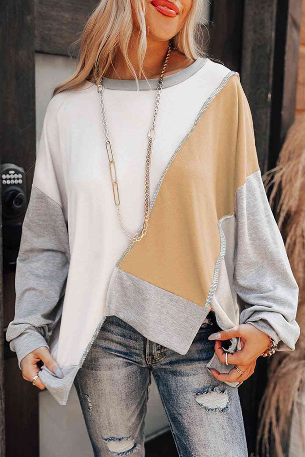 Rosy Brown Color Block Exposed Seam Asymmetrical Sweatshirt Sentient Beauty Fashions Apparel & Accessories