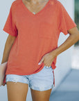Rosy Brown Heathered Slit V-Neck Short Sleeve T-Shirt Sentient Beauty Fashions Apparel & Accessories