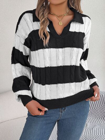 Dark Slate Gray Cable-Knit Striped Long Sleeve Sweater Sentient Beauty Fashions Apparel &amp; Accessories