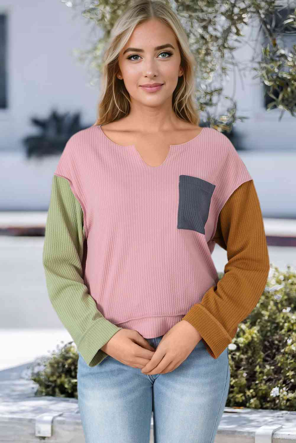 Gray Notch Neck Color Block Top