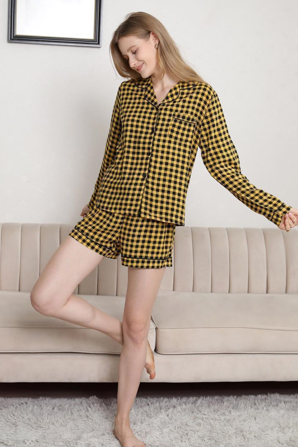 Gray Plaid Long Sleeve Shirt and Shorts Lounge Set Sentient Beauty Fashions Apparel & Accessories