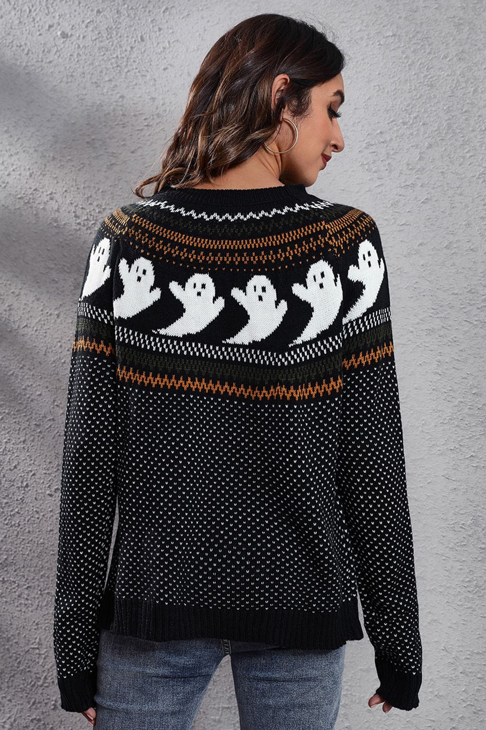 Black Ghost Pattern Round Neck Long Sleeve Sweater