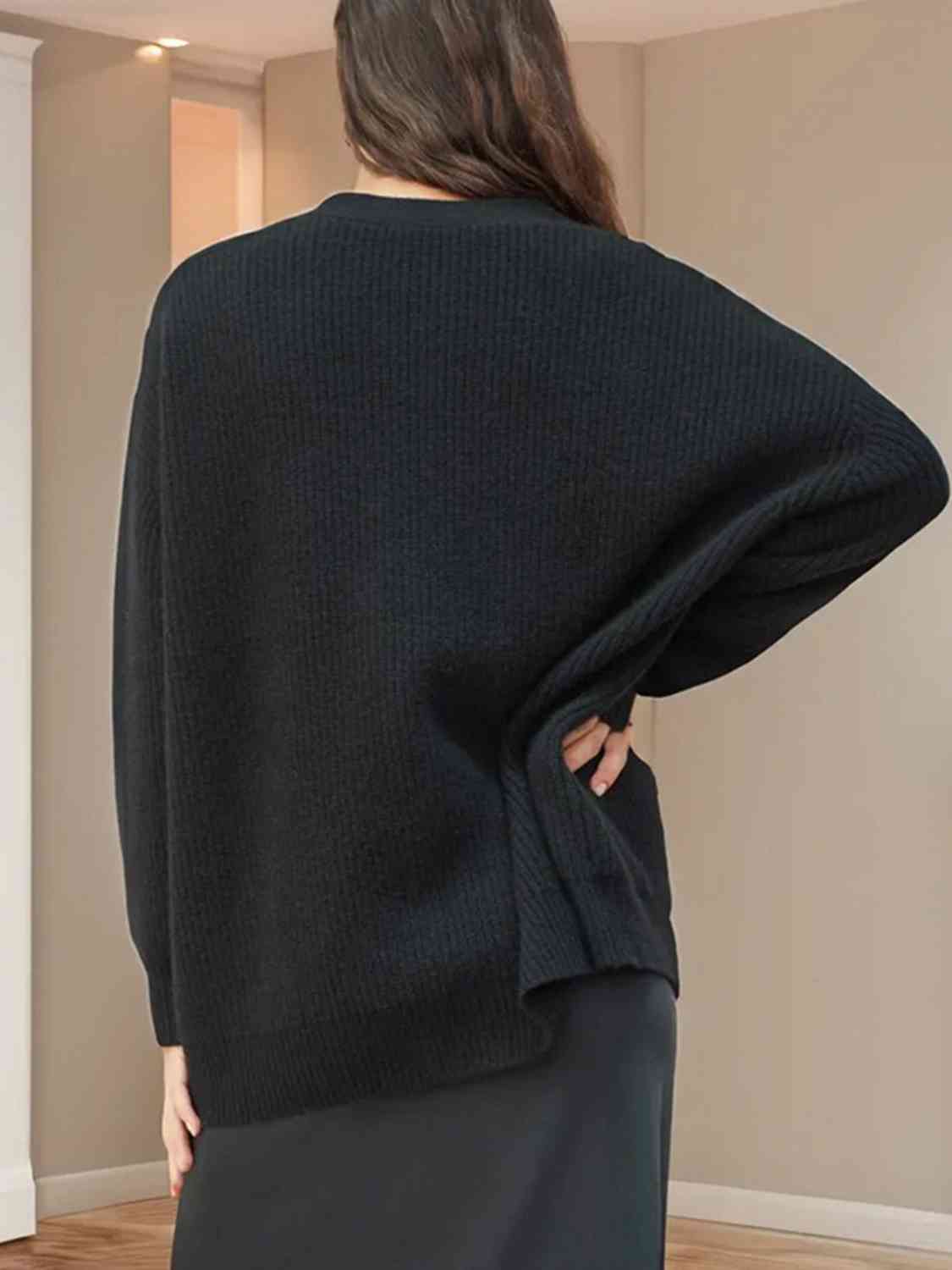 Dark Slate Gray Full Size V-Neck Rib-Knit Cardigan
