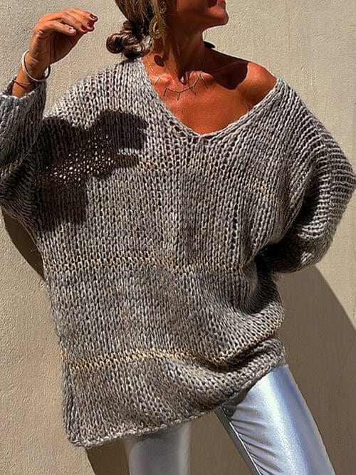 Dim Gray Openwork V-Neck Long Sleeve Sweater